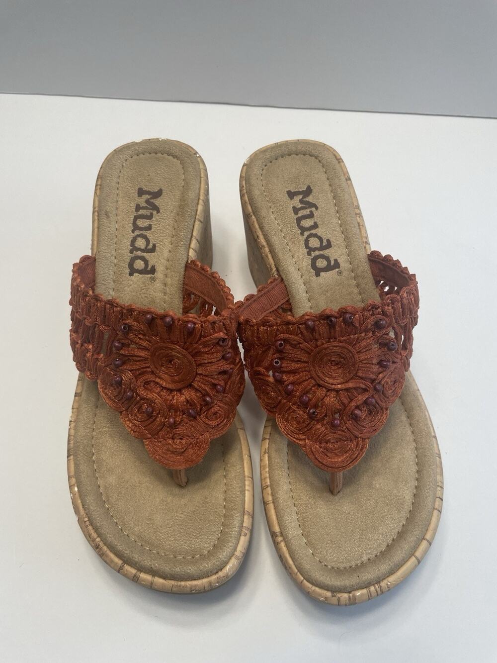 Mudd Y2K Women's Size 6 Orange Open Toe Cork Wedge Platform Slip On Sandals